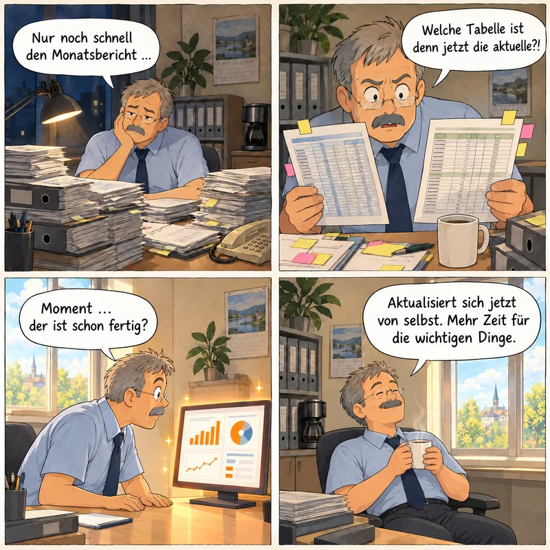 Comic in vier Bildern über einen Geschäftsführer mit Schnurrbart und Brille. 1: Spätabends zwischen Tabellenstapeln: „Nur noch schnell den Monatsbericht …“ 2: Mit zwei Ausdrucken in der Hand: „Welche Tabelle ist denn jetzt die aktuelle?!“ 3: Am Morgen leuchtet ein fertiges Dashboard: „Moment … der ist schon fertig?“ 4: Entspannt zurückgelehnt mit Kaffee: „Aktualisiert sich jetzt von selbst. Mehr Zeit für die wichtigen Dinge.“
