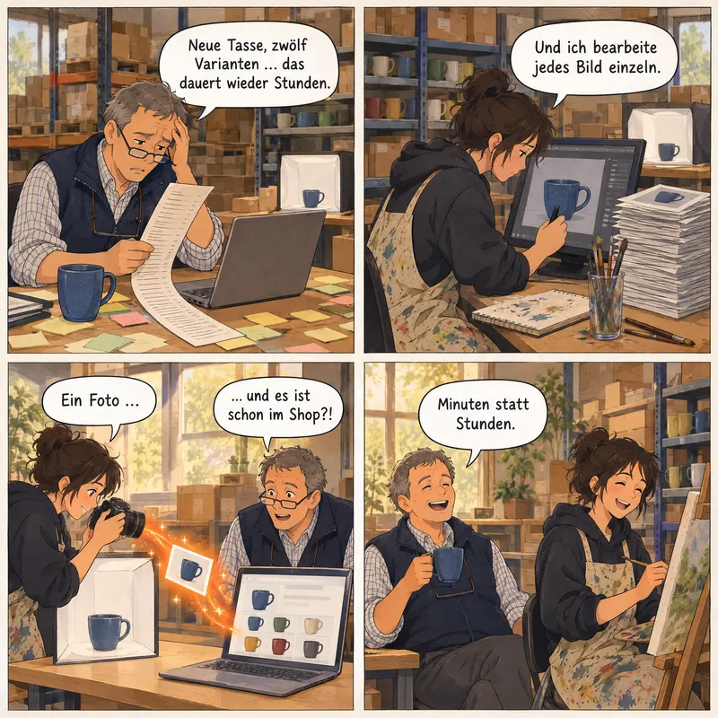 Comic in vier Bildern im Lager eines Online-Händlers. 1: Der Inhaber mit einer langen Variantenliste: „Neue Tasse, zwölf Varianten … das dauert wieder Stunden.“ 2: Eine junge Malerin, die auch die Produktfotos bearbeitet, retuschiert am Bildschirm: „Und ich bearbeite jedes Bild einzeln.“ 3: Sie macht ein einziges Foto, das auf einem Lichtband in den Shop wandert: „Ein Foto …“ – „… und es ist schon im Shop?!“ 4: Er lacht mit einer Tasse Kaffee, sie malt an der Staffelei: „Minuten statt Stunden.“